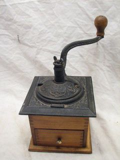   COFFEE MILL BURR LAP GRINDER CAST IRON TOP WOODEN BOX KITCHEN TOOL