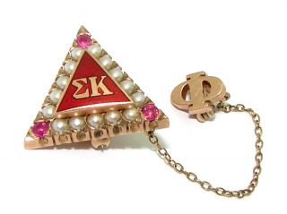   Fraternity Soroity Sigma Kappa 10kt Gold Ruby Enamel Pearl Lapel Pin