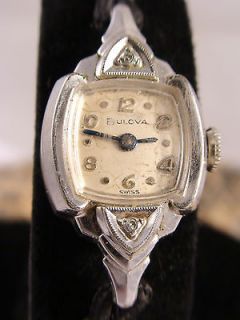 ANTIQUE 1959 BULOVA DIAMOND SWISS VTG LADIES 10K WHITE GOLD FILLED 