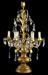 Antique Chandelier Candelabra Tole Vintage Crystal Glass Gold Leaf 