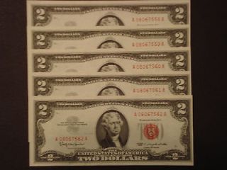 1963 $ 2 DOLLAR US NOTES   FIVE CONSECUTIVE . MINT SHARP CRISP UNC 
