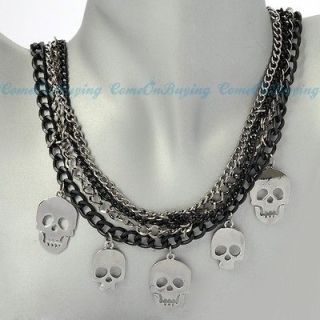 Fashion Silvery Black Chains Skull Drop Pendant Collar Choker Necklace 