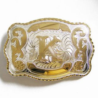 Initial K Letter Large Gold & Silver Rodeo Western Cowboy Metal Belt 