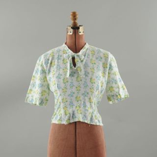VINTAGE 30s Cotton FLORAL Summer Peplum Ascot Tie Day BLOUSE Shirt TOP 