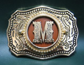 Initial Letter M Belt Buckle Gold with Light Brown Leather 