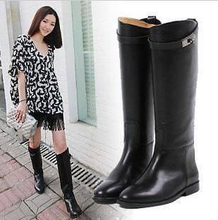 Women genuine leather knee high heeled riding boots