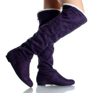 Purple Suede Faux Shearling Winter Casual Womens Flat Thigh High Boots 
