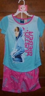 Justin Bieber Short Sleeve 2 Piece Set Blue White Pink Pajama Girls M 