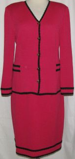 St John Collection Raspberry Knit with Black Trim Skirt Suit Size 14 *