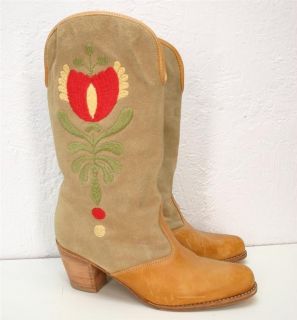 VTG suede leather floral embroidered Mexican floral BOHO cowboy boots 