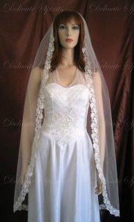 Bridal Veil Wedding One Tier Ivory Waltz Mantilla Leaf Lace Trim Hair 