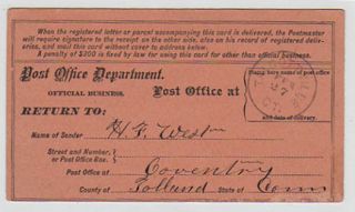 1886 U.S. POST OFFICE RETURN RECEIPT REGISTERED LETTER