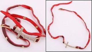   Red Sideways Crystals Gold Cross Leather Stud Wrap Bracelet Women