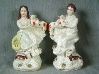 Pair Staffordshire boy & girl with sheep & goat figures