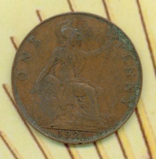 1921 One Penny Great Britian Britinnia Seated Right Georgius V Bronze 