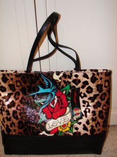 NEW Ed Hardy LG Leopard Skin Rose Tote Hand Bag TRUE LOVE 16x13x4 