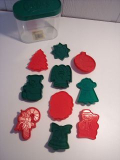 10 Plastic Christmas Cookie Cutters in Clear Plastic Container