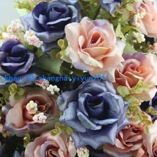 35 PCS Artificial Flower Silk Rose Buds Wedding Bouquet (Pink & Blue 