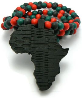   AFRICA PENDANT COLORED BEADS CHAIN AFRICAN CONTINENT WOODEN NECKLACE