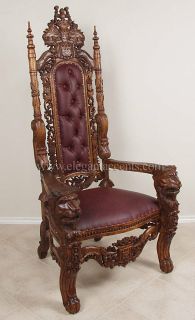 Carved Mahogany Lion Head Gothic Throne Chair   King Brown Polish 