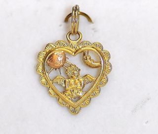 Angel, Moon, Sun in Heart Pendant / Charm 14kt Two Toned Gold 3/4