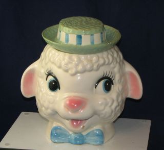 Vintage METLOX LAMB COOKIE JAR with hat Lamb Bust USA Pottery 