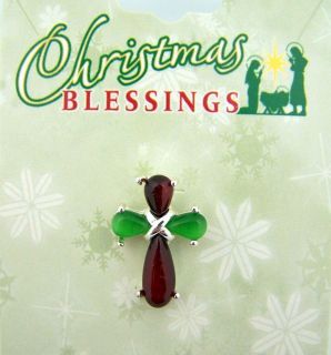   Plate Latin Cross w Red Green Stones Christmas Blessing Lapel Pin