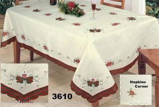   Embroidered Poinsettia Candle Tablecloth & Napkin Holiday #3610
