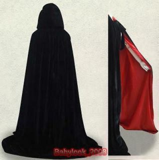 Black Hooded Cloak velvet Cape Coat Shawl Halloween Wedding Costume 