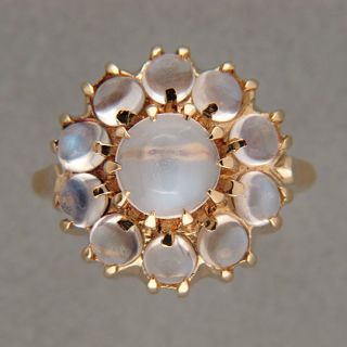   NATURAL BLUE 11 CABOCHON MOONSTONE 14K YELLOW GOLD CLUSTER STYLE RING