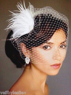 White New Fan Shaped Fascinator Clip & Birdcage Bridal Veil Headpiece 