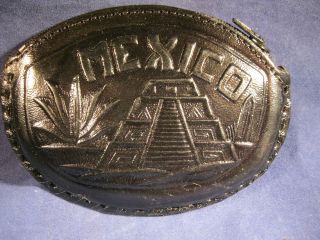 Coin Purse Hand Tooled with Zipper from Mexico Geniune Leather Black 
