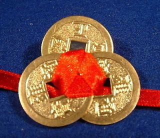 Feng Shui Chinese Lucky I Ching Coins Set of 3 tied with Red Ribbon 