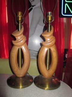 1950s LIGHT HOUSE LAMP CO CALIFORNIA WOOD BRASS TABLE LAMPS MID 