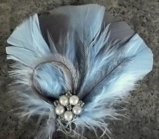   Camouflage Blue Gray Feathers Rhinestones Pearls Hair Clip NEW