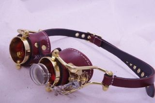 Steampunk Victorian Engrave Goth Goggles LARP Brown Red lenses