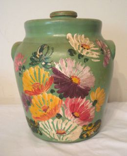 Vintage Pottery Cookie Jar Green w Asters Ransburg Uhl Floral Large 