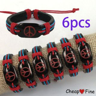   PCS Peace Black Charm and Red hemp Genuine Leather bracelets