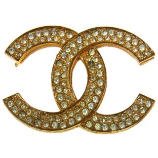   CHANEL Vintage CC Logos Rhinestone Brooch Pin Gold tone P03088d