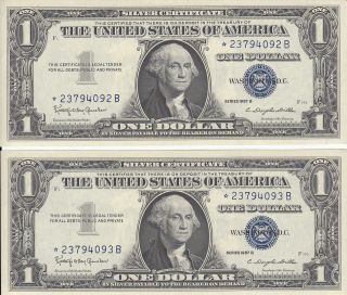   Note Consecutive CU (2) Silver Certificates Currency TWO Paper Money