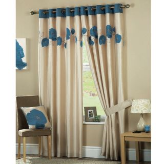   66 X 72 TEAL CREAM FAUX SILK CORSICAN POPPY LINED RING TOP CURTAINS