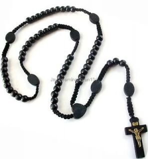   All Black Wooden Cross Beaded Rosary Necklace Crucifix Gift Boxed