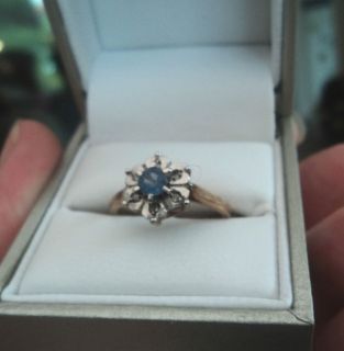 Vintage 9ct Gold Ceylon Blue Sapphire & Diamond Ring c.1960s   size N