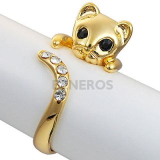 Cute Kitten Cat Adjustable Kitty Ring w Swarovski Crystal   Silver 