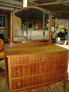 Walnut Dresser & Mirror Vintage Art Deco Era Antique Bureau