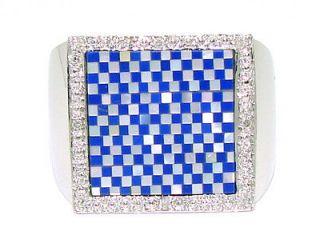 Mens 14kt Gold Lapis Mother of Pearl Diamond Checker Board Band Ring
