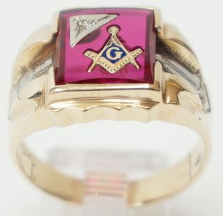 Two Tone Solid Gold, Enamel & Diamond Vintage Red Stone Blue Lodge 