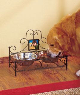 New Pet Dog Cat Scrolled Elevated Feeder w/ Bowls and Photo Frame