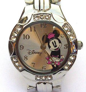 Disney Womens Watch Minnie Mouse Simulated Crystal Dial Silver tone 