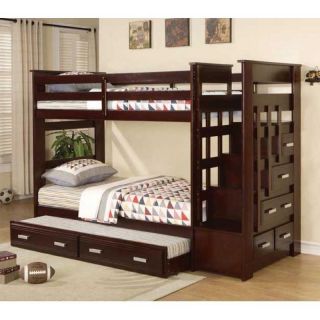   Espresso Twin Bunk Bed with Storage Stairway Drawers and Trundle